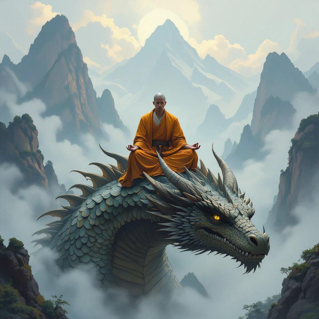 Monk Meditating on Dragon in Fantasy Art Style