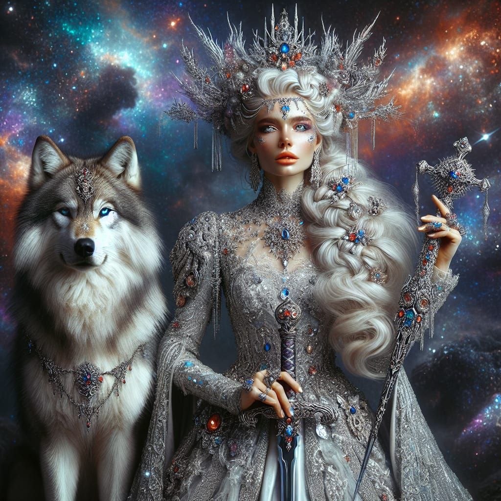 Ethereal Woman with Wolf in Fantasy Setting