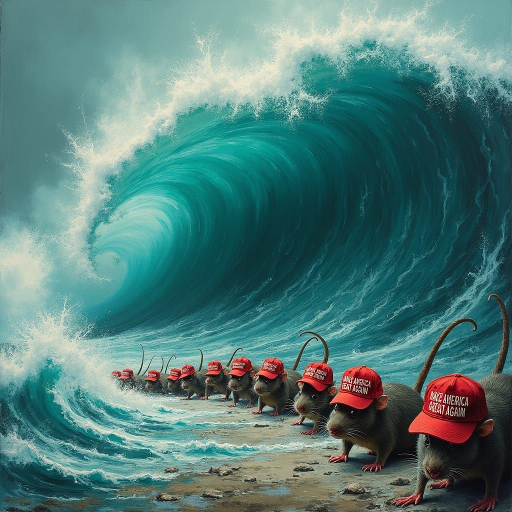 Turbulent Wave Engulfs MAGA Rats: Surreal Art