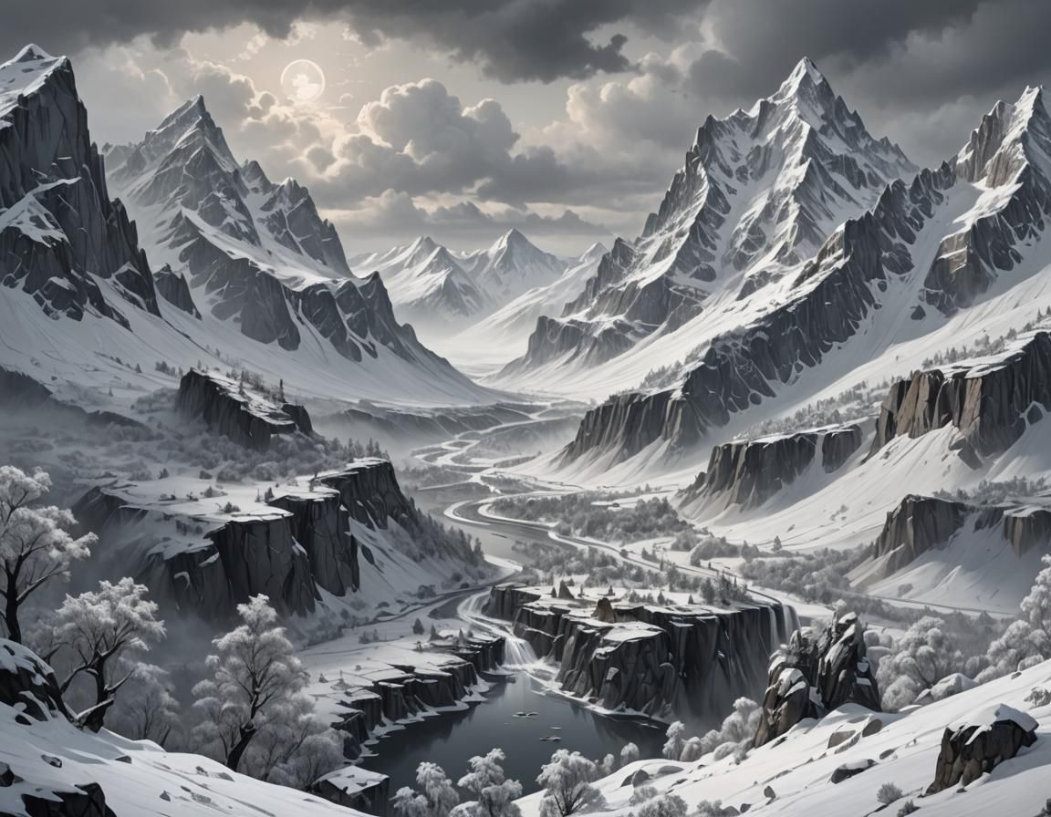 Gray Winter Landscape in Storybook Illustration Style