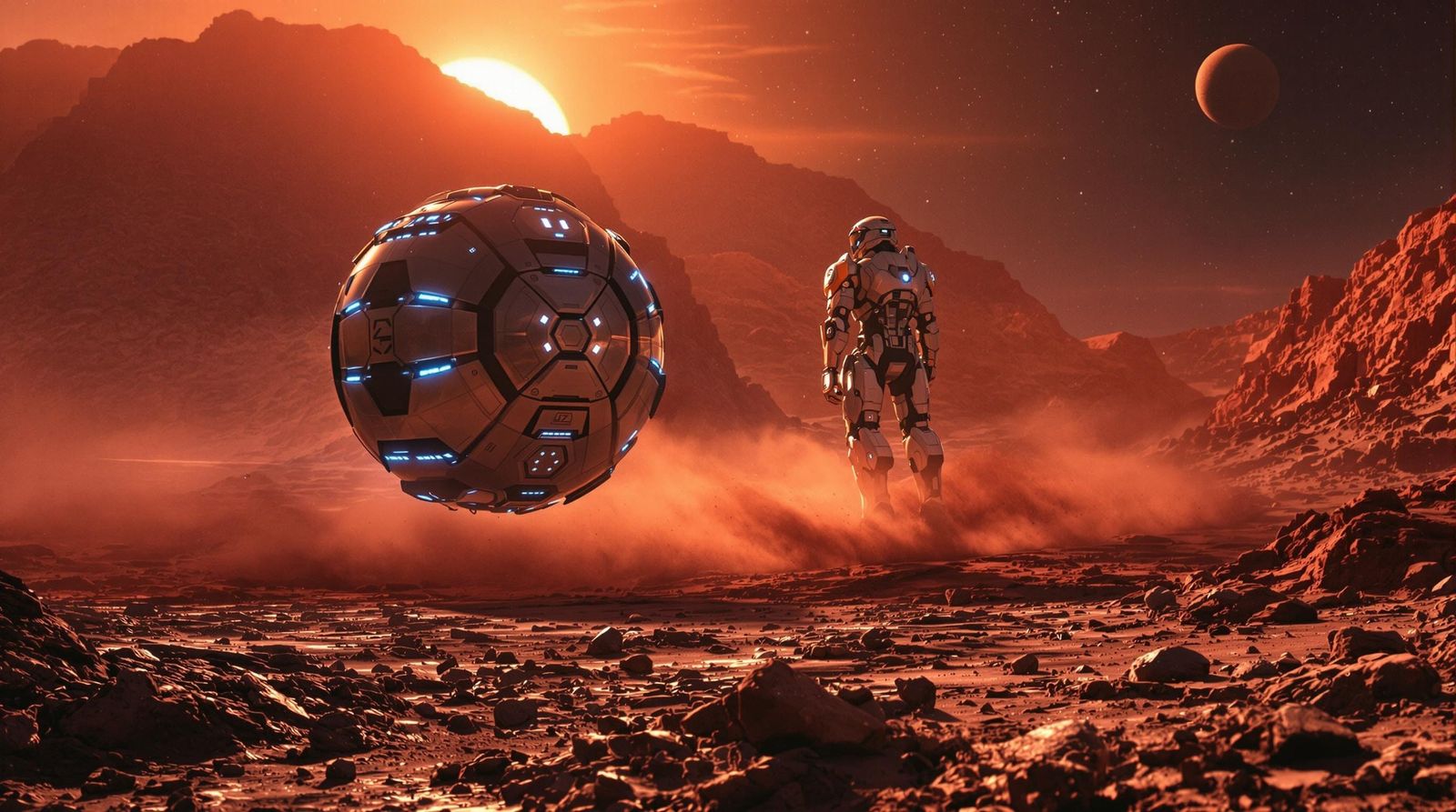 Glowing Orb Rolls Across Barren Planetary Landscape