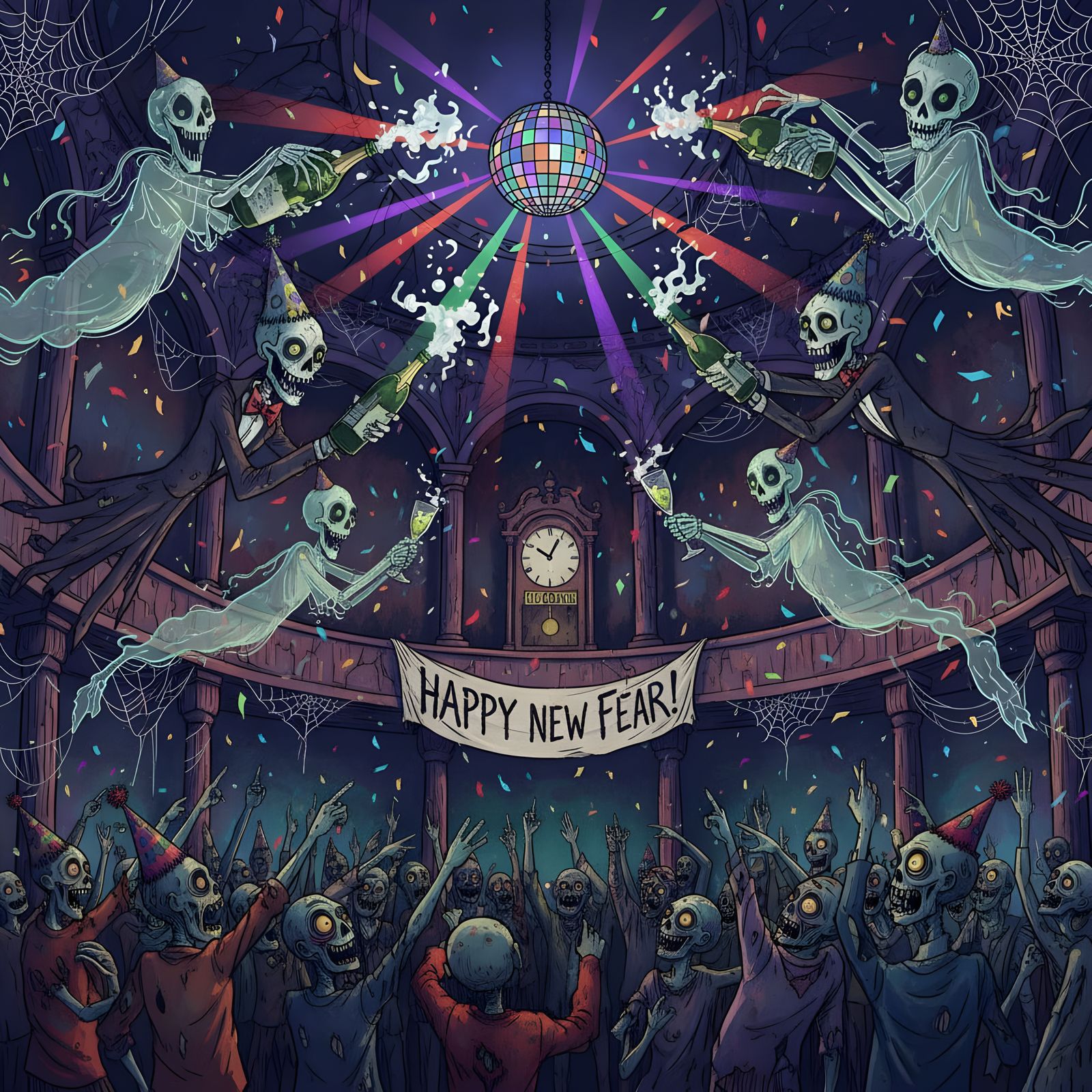 Haunted New Year's Party with Ghosts and Skeletons