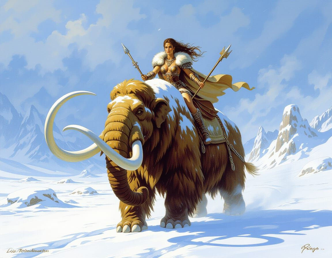 Barbarian Woman on Mammoth in Snowy Landscape