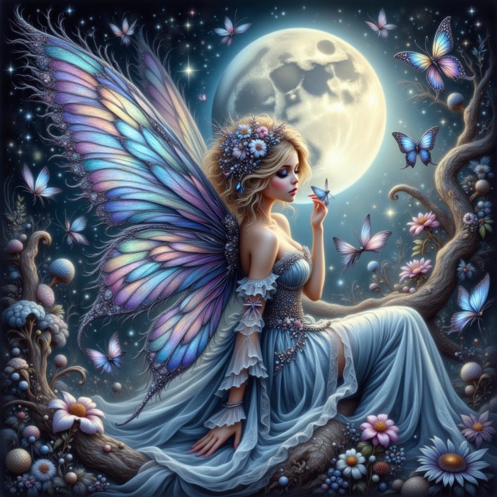 Goddess Fairy with Intricate Wings Under Full Moon