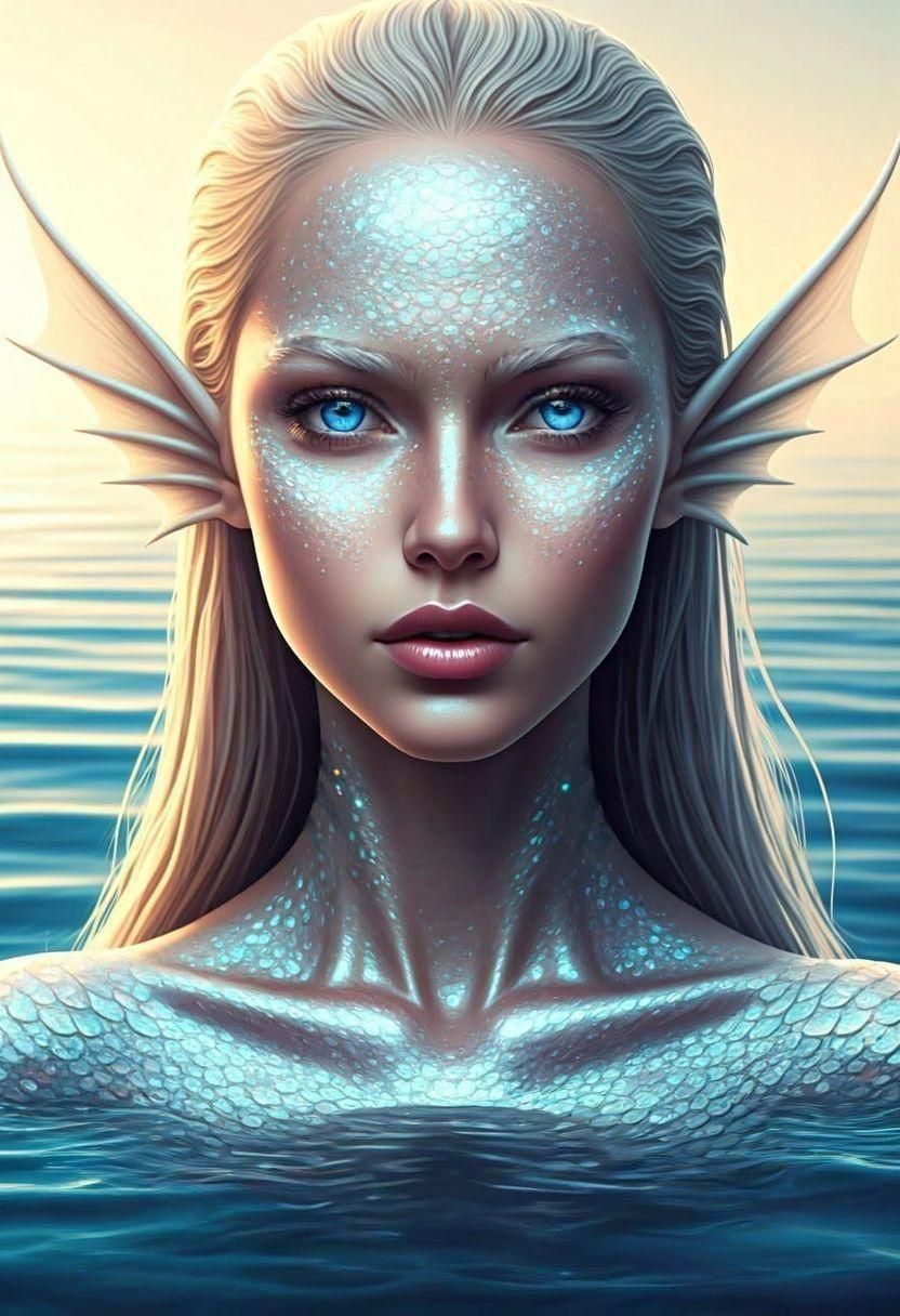 Silver-White Mermaid Portrait with Blue Eyes