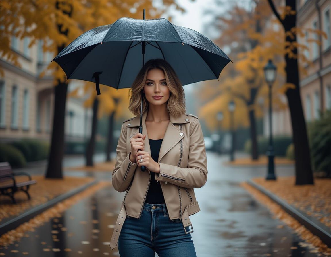 Woman with Umbrella in Rainy Autumn Park