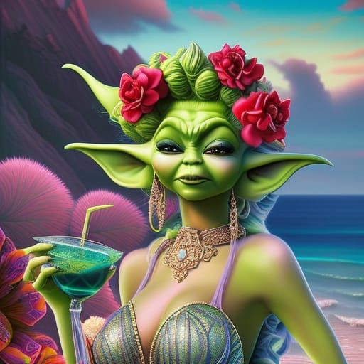 Yoda Relaxing on the Beach in Digital Art Style