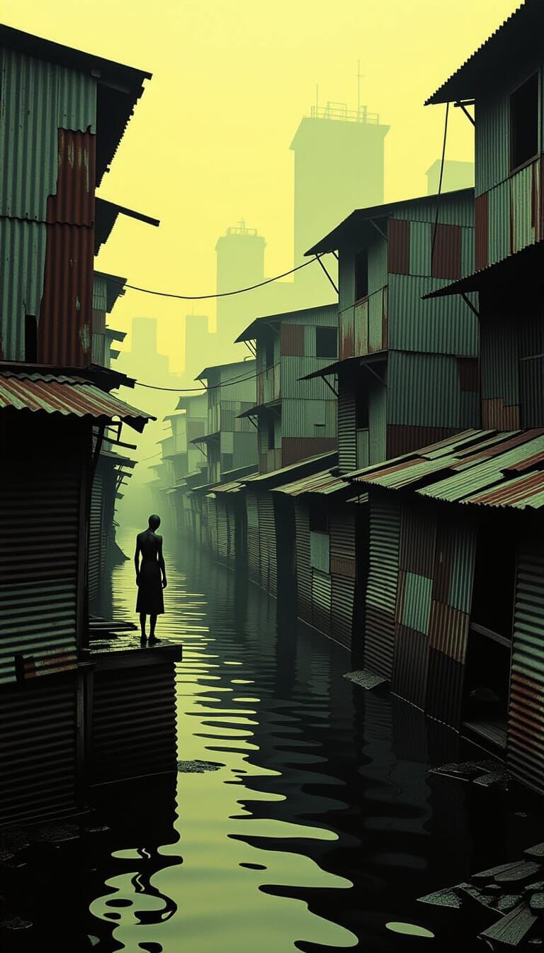 Decaying slum landscape with emaciated figure on crumbling l...