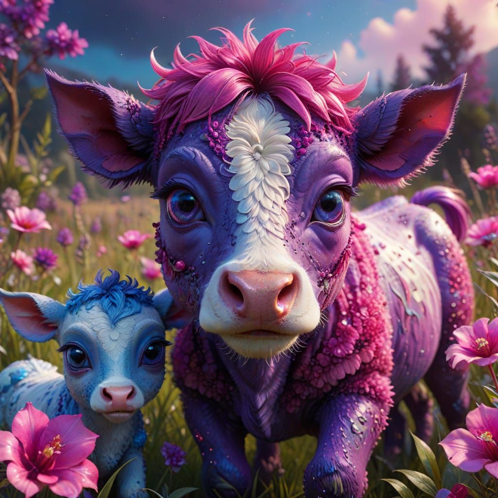 Chibi Cow and Horse in Psychedelic Pointillism Style