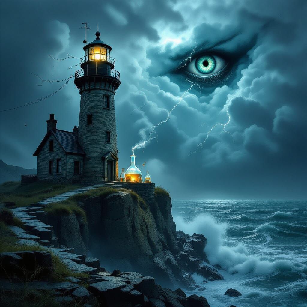 Gothic Horror Lighthouse Laboratory in Stormy Seas