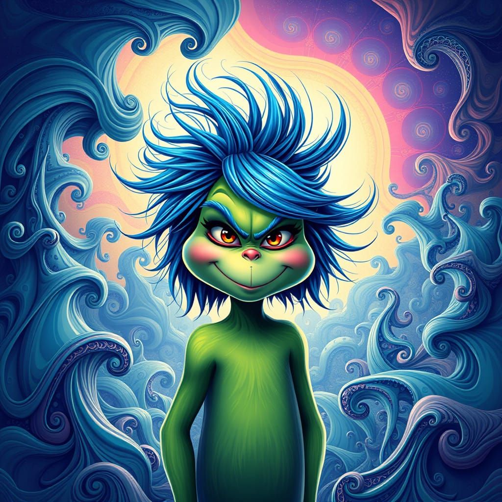 Vibrant Grinch Girl in Dreamlike Fractal Landscape