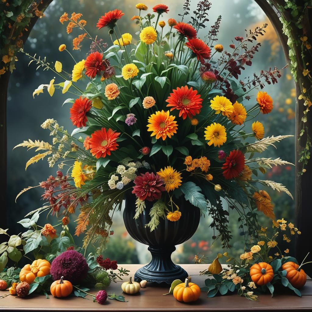 Fall Garden and Flower Bouquet in Hyperrealism