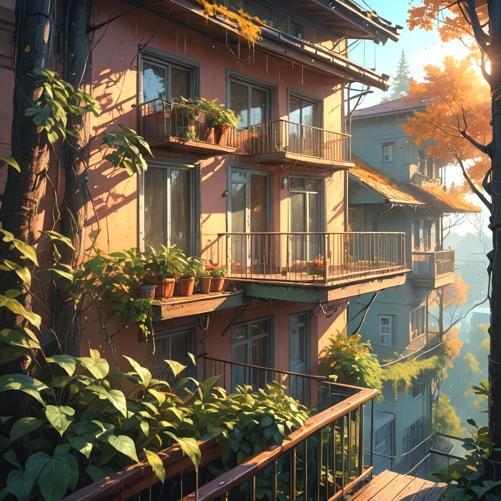 Sunlit Balcony View in Detailed Matte Painting Style