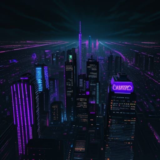 Cyberpunk Crime City Aerial View in Neon Noir Style