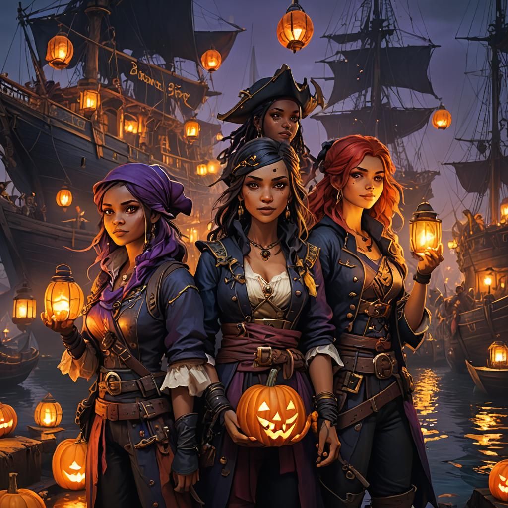 Girl Pirates in Eerie Harbor: Fantasy Concept Art