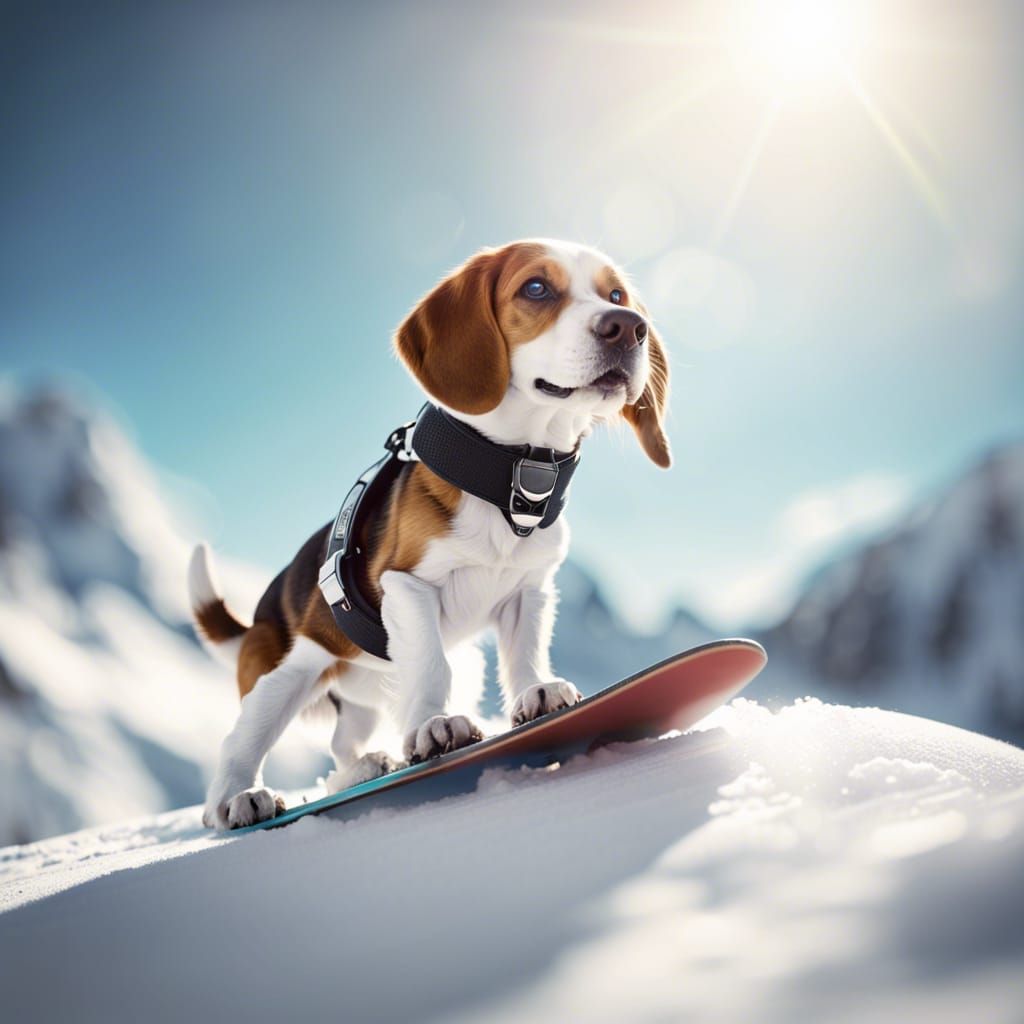 Cute little Beagle snowboarding