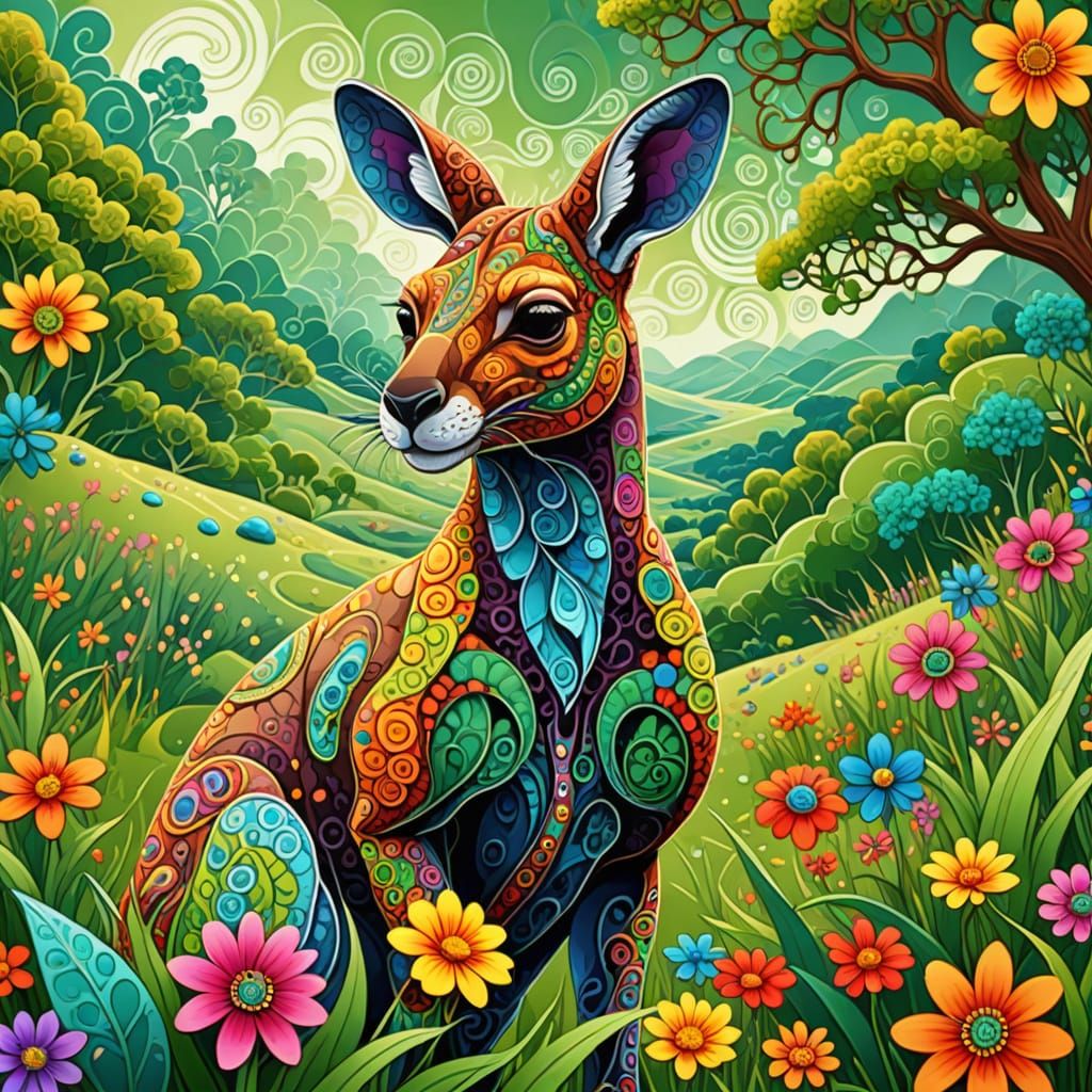 Psychedelic Kangaroo Portrait in Abstract Fractal Style