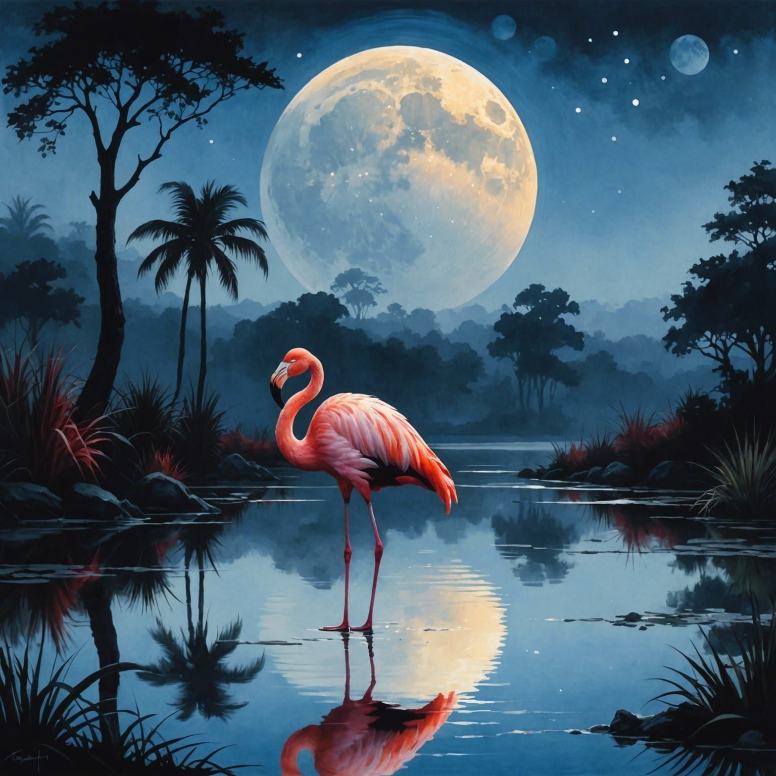 Flamingo Silhouetted Under Moon in Gouache Style