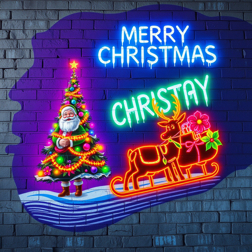 Surreal Urban Christmas Scene with Neon Lights and Retro-Fut...