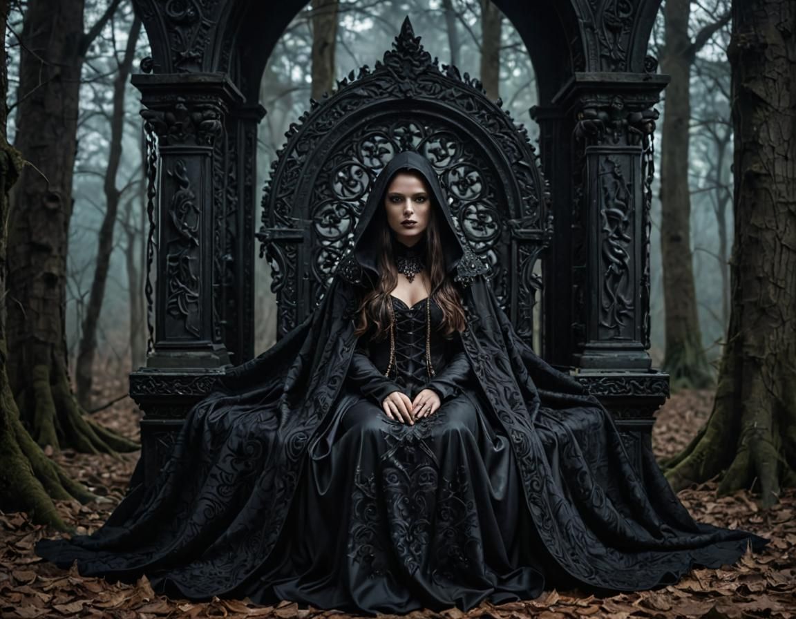 Gothic Woman on Skull Throne in Dark Fantasy Forest