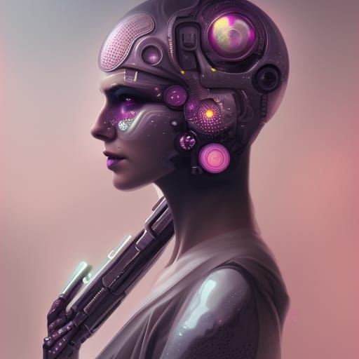 Cyberpunk Cyborg with Holograms and Stardust