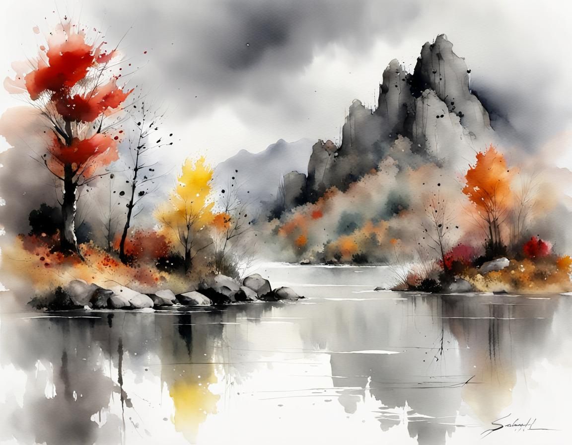 Autumn Rain on Mountain Lake: Watercolor Ink Art