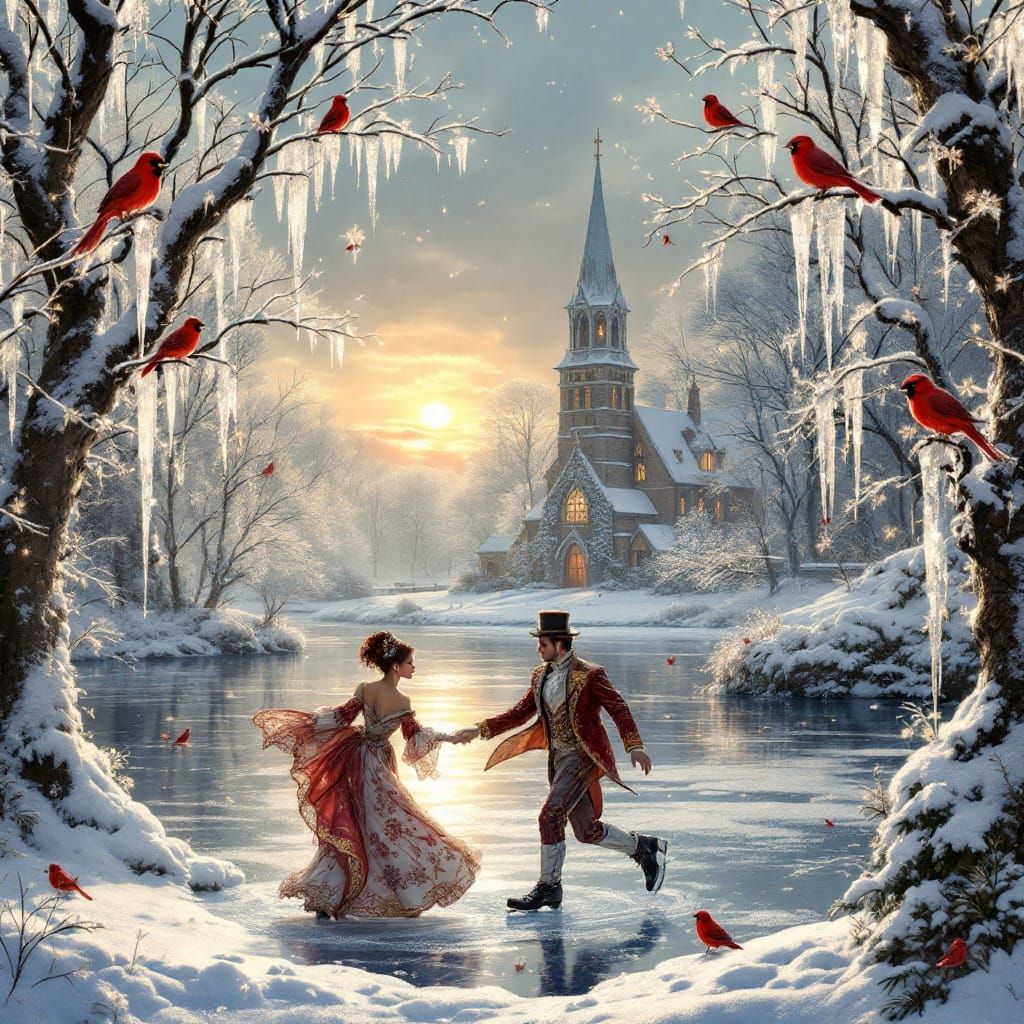 Victorian Winter Scene with Ice Skaters and Merry Christmas