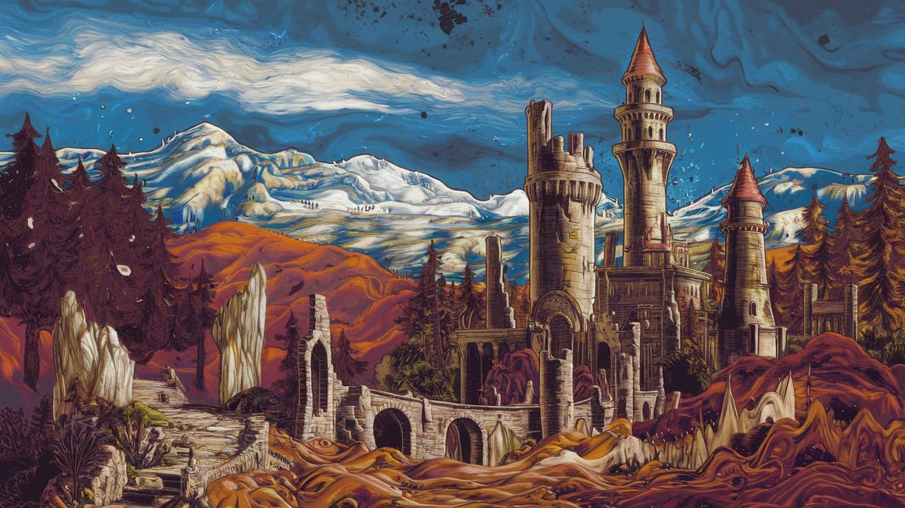 Fantasy Castle Landscape with Ruins, Matte Painting