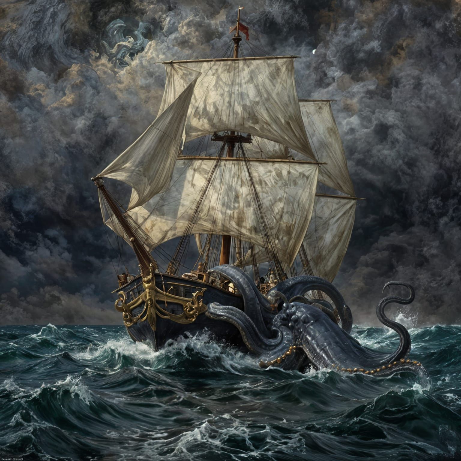 Ship Attacked by Giant Kraken in Dramatic Seascape
