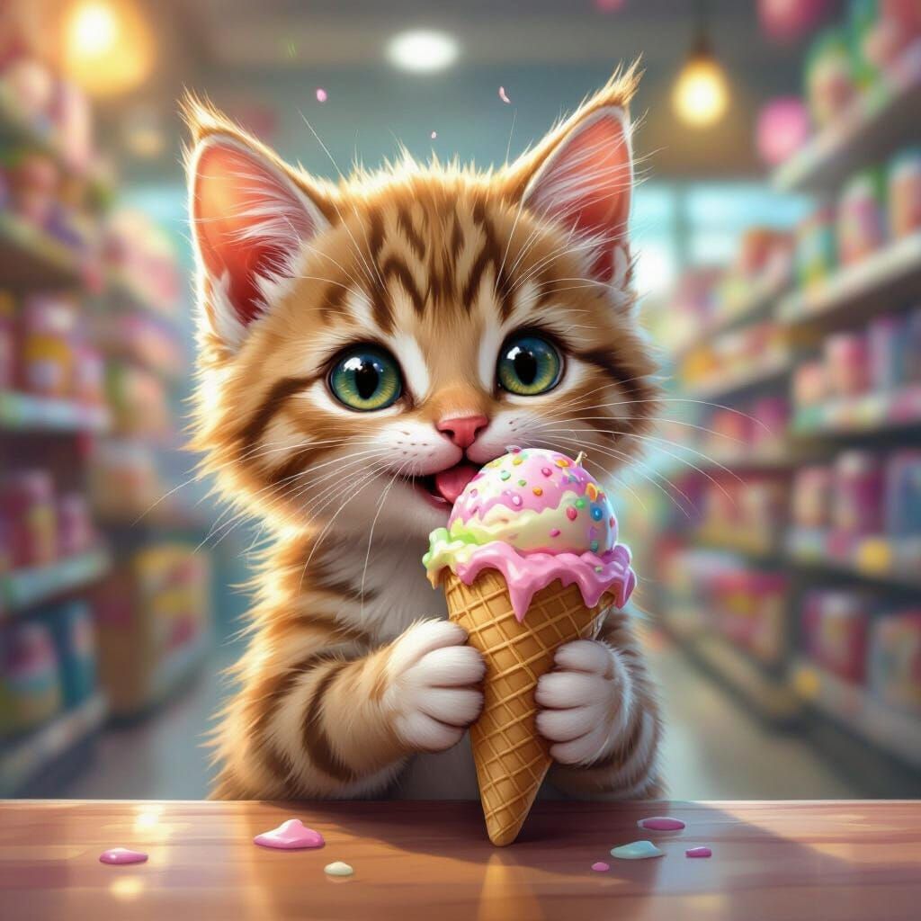 Cute Cat Enjoys Ice Cream in Vibrant Store