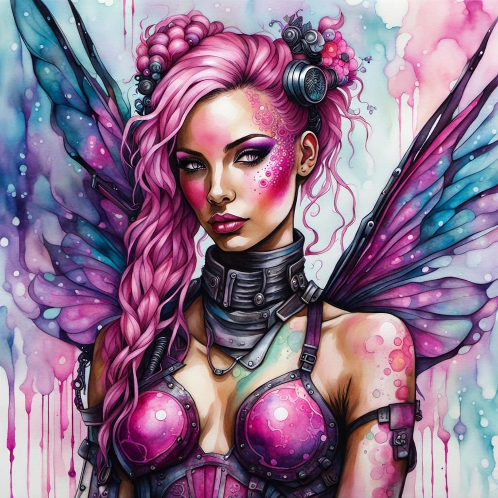Cyberpunk Fairy Illustration in Watercolor Style