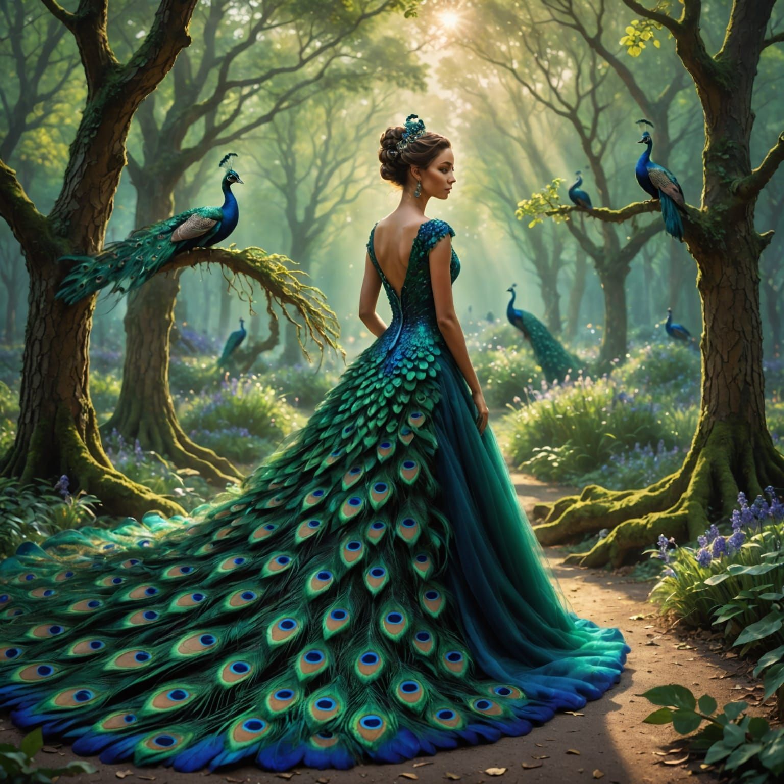 Ethereal Peacock Goddess in Vibrant Plumage