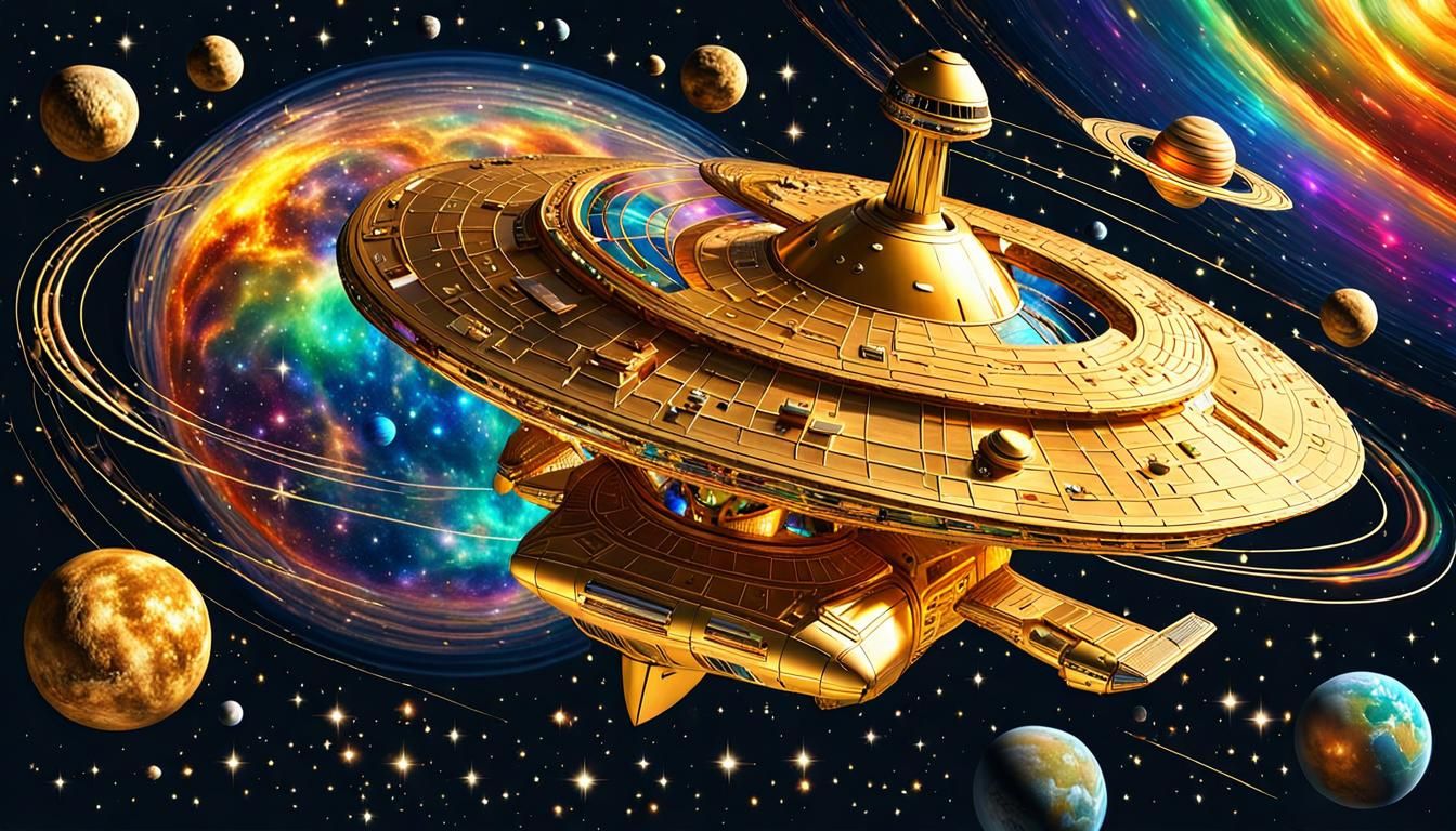 Golden Starship Sails Through Multicolored Universe