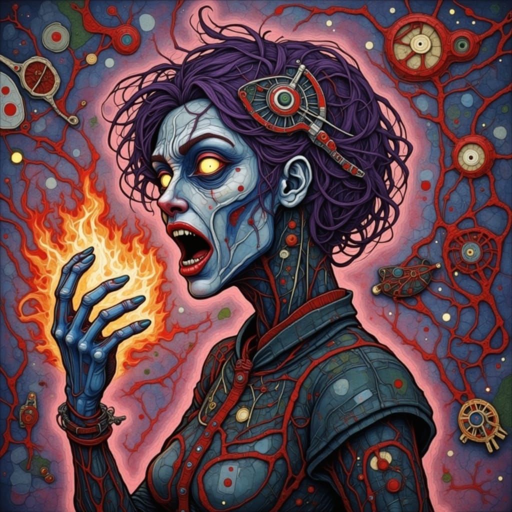Steampunk Witch Breaths Fire in Graffiti Art Style