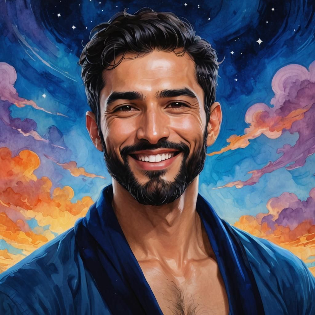 Handsome Man in Blue Velvet Bathrobe, Alcohol Ink Art