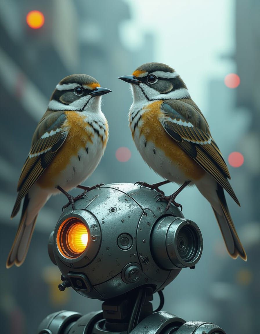 Two Birds Perched on a Robot in Hyper-Realistic Style