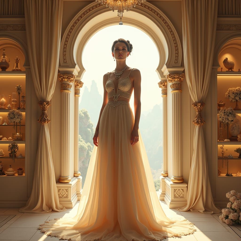 Ethereal Woman in Mystical Boutique, Fantasy Concept Art