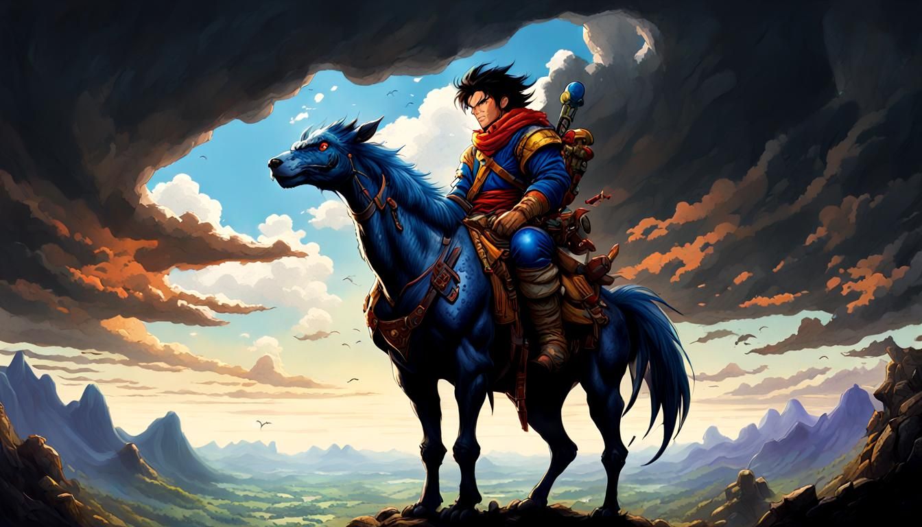 Surreal Pop Art Fantasy Steed in Dark Prehistorical Landscap...