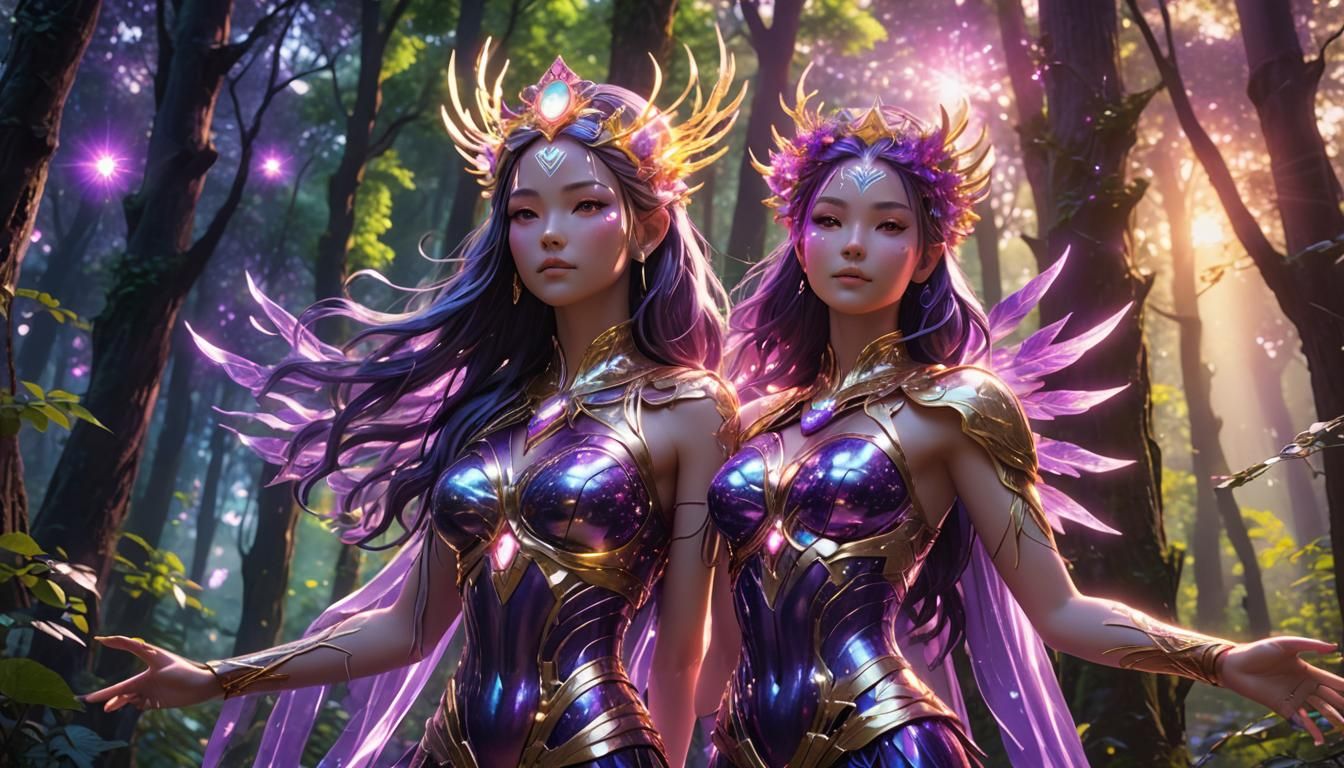 Forest and Sun Goddess with Neon Aura in 3D Anime Art