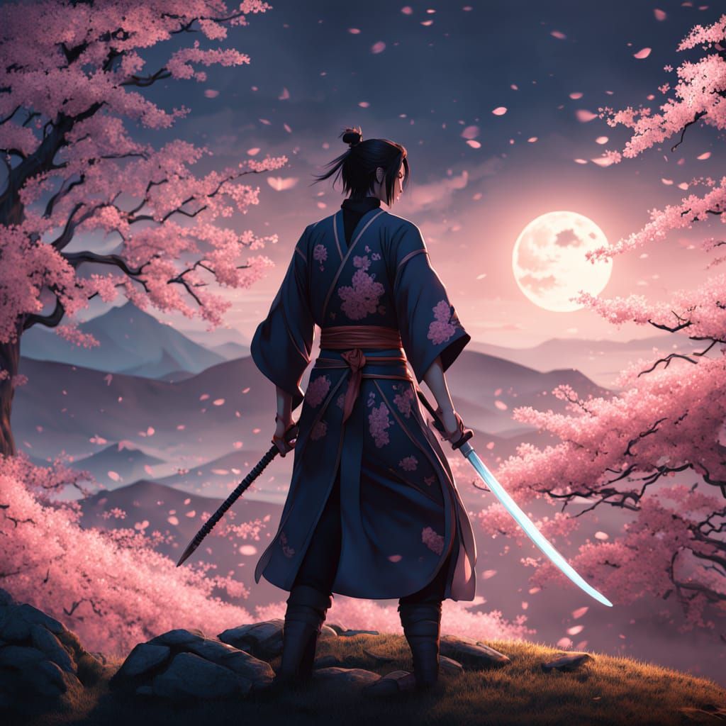 Lone Samurai with Katana in Anime Key Visual Style