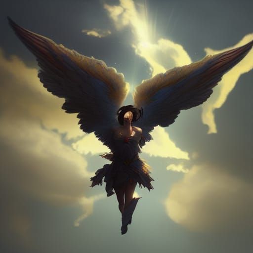 Winged Angel Soaring Through Clouds in Digital Art