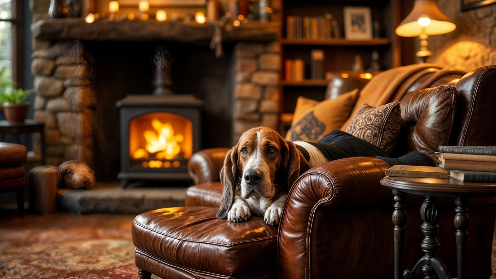 Basset Hound Lounging in Cozy Den with Fireplace