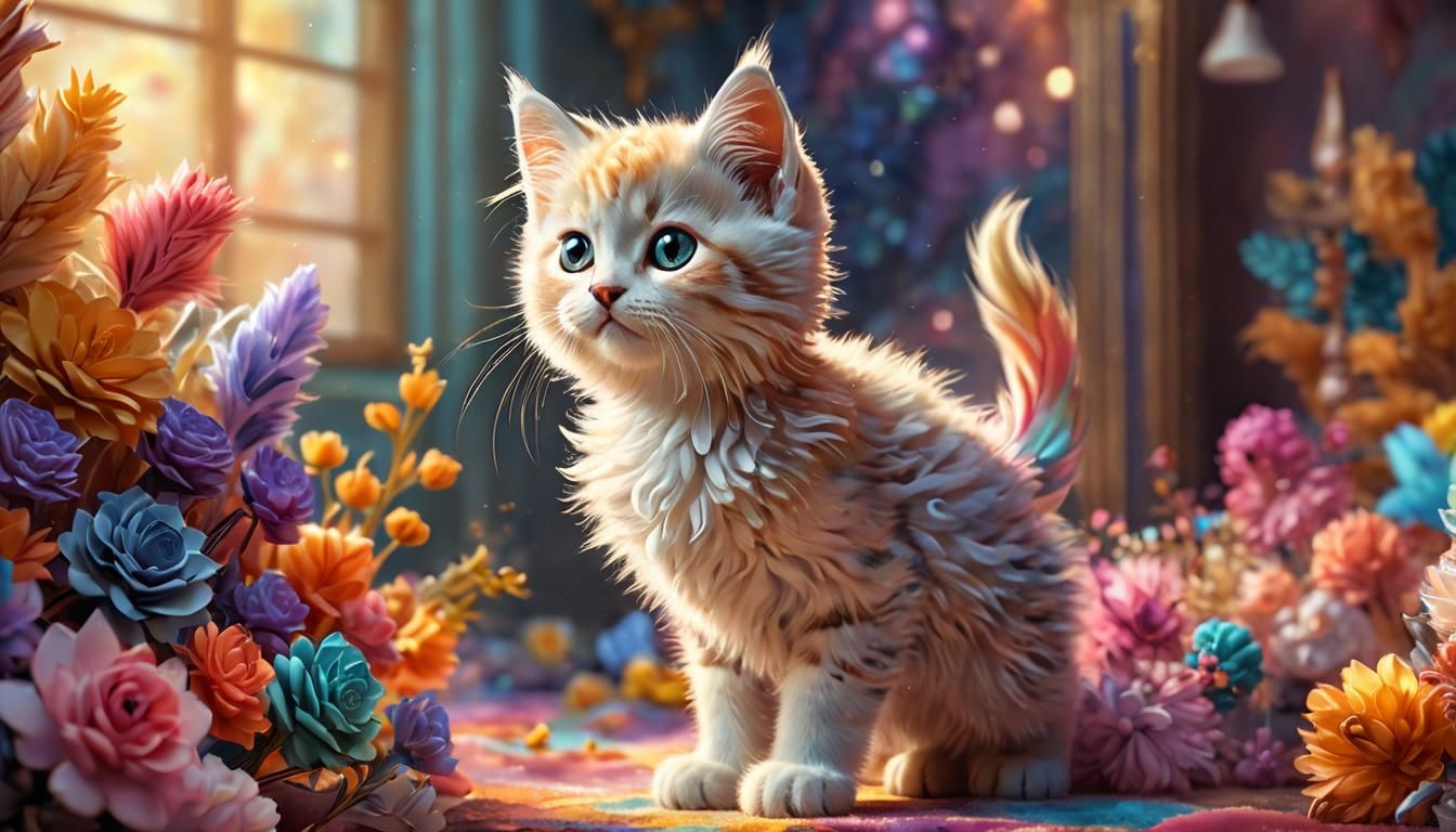 Unicorn Kitten in Shimmering Dress: Hyperrealistic Art