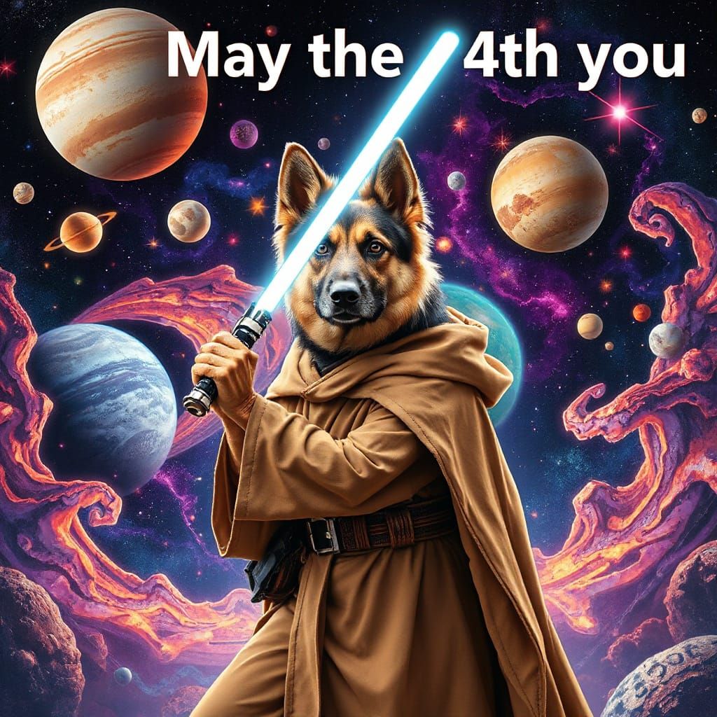 German Shepherd Knight Defends Galaxy with Light Saber