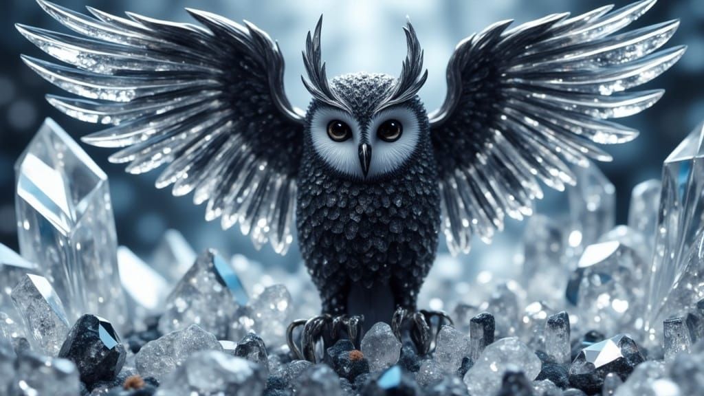 Crystal Great Horned Owl with Smoky Ebony Plumage