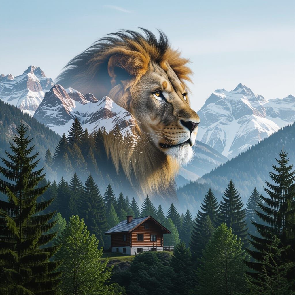 Lion Double Exposure: Forest, Mountains, Cabin