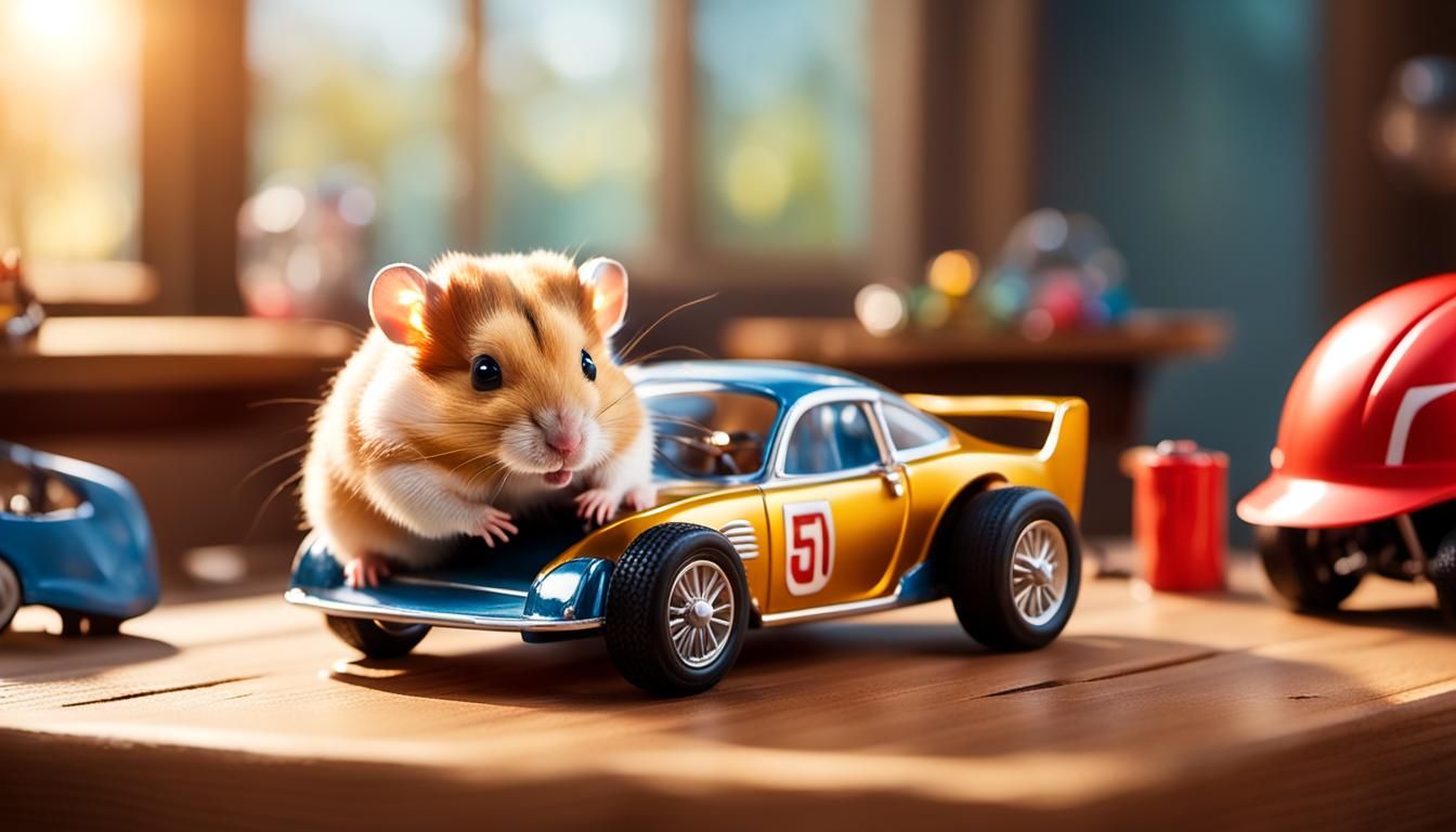 Hamster Races a Toy Car: Photorealistic Close-Up