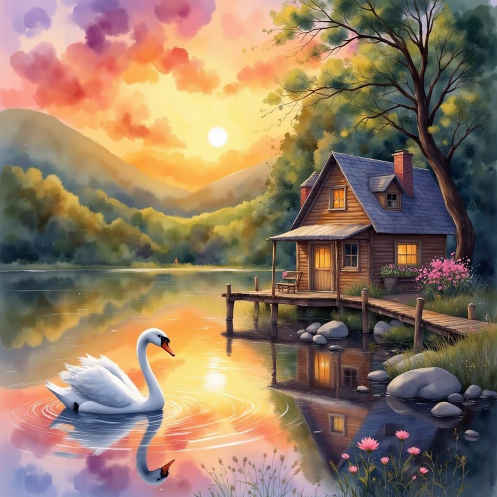 Surreal Woodland Haven in Watercolour Style