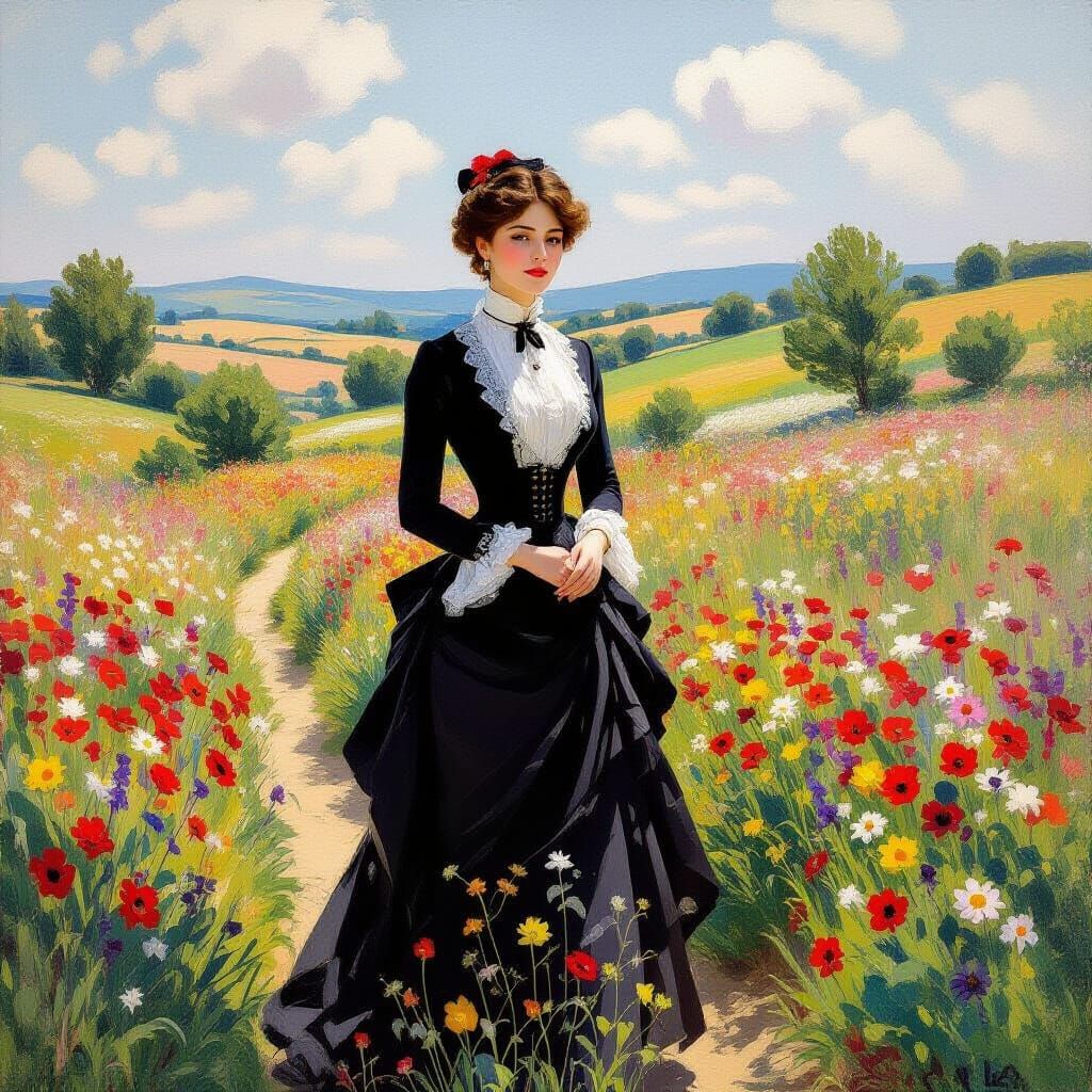 Woman in Impressionistic Wildflower Landscape