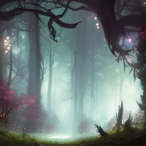 Enchanted Dark Forest with Flowers, Fantasy Concept Art